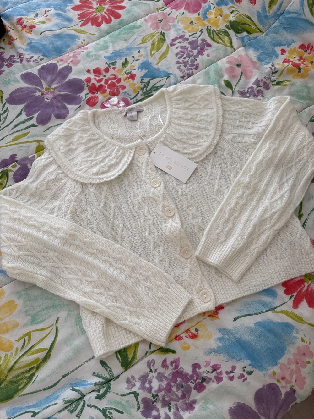 Caroline Constas Ivory Cable-Knit Cardigan with Peter Pan Collar